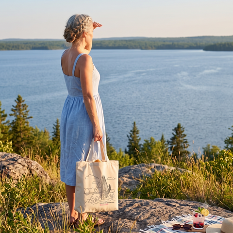 Woman holding a Lakestone tote bag on a rock overlooking a Manitoba lake