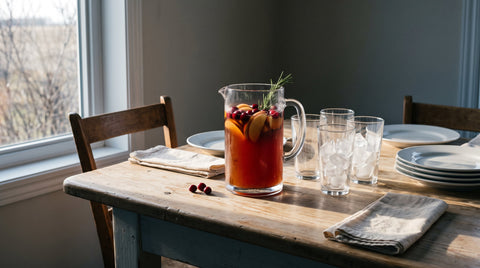 Pitcher of apple cider and cranberry vodka punch on a Thanksgiving table in Manitoba